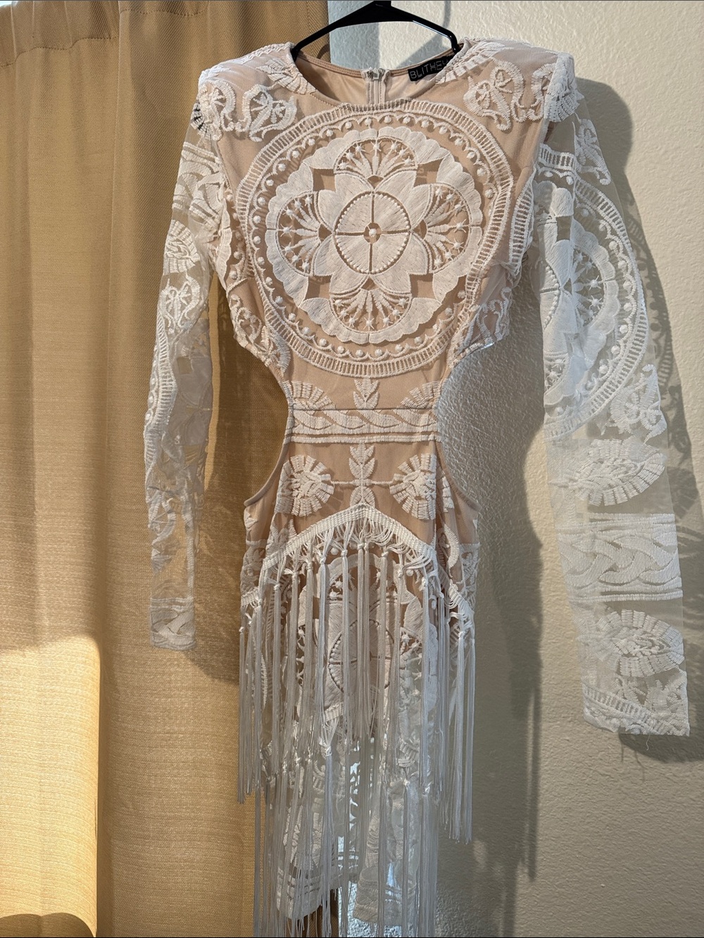 White Embroidered Long-Sleeve Fringe Dress with Nude Lining